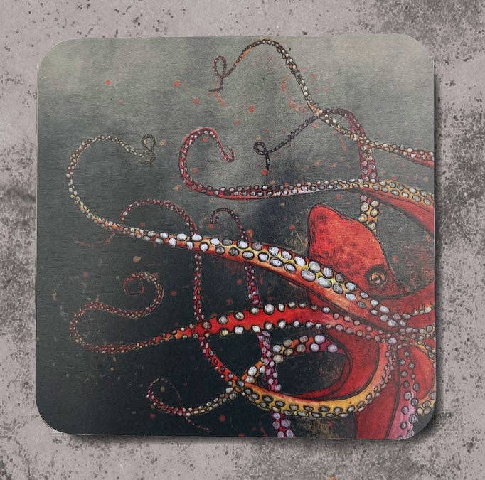 Red Octopus Coasters (Sold in Pairs)-handmade in the UK- Very High quality