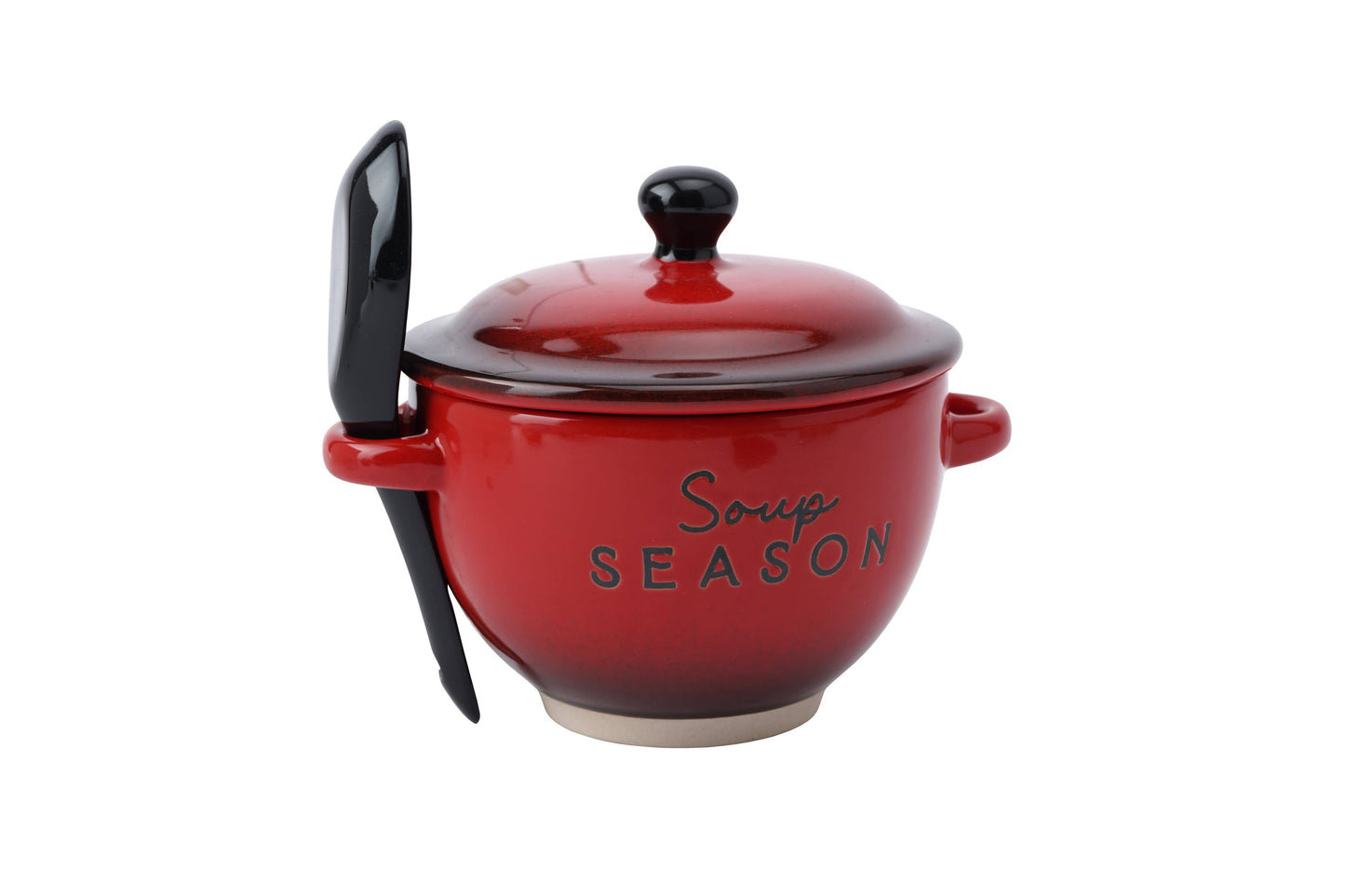 Red Stoneware Soup Bowl with Lid and Spoon