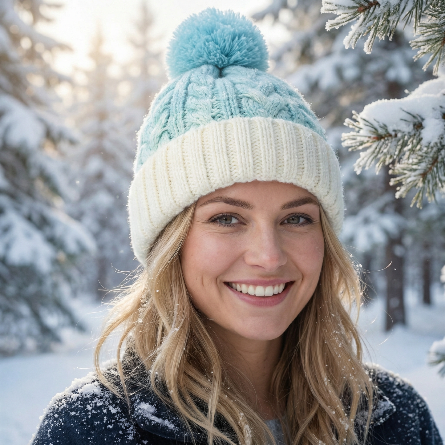 Ice Cream Blue Cable Knit Bobble Hat | Faux Fur Lining