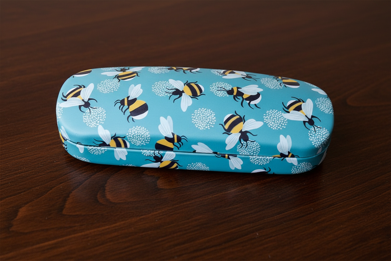 Garden Bee Glasses Case on Dark Wood