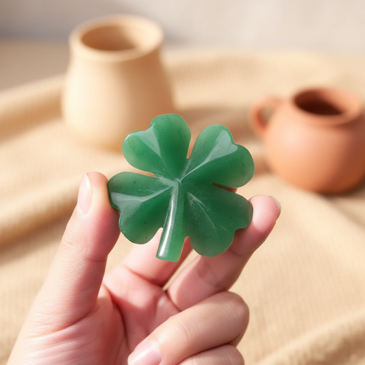 Green Aventurine Four Leaf Clover Sculpture | Lucky Crystal Charm in green carved crystal held in hand