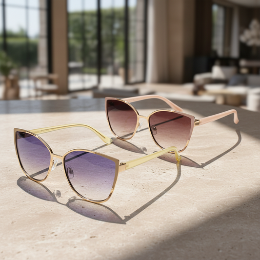 Eliz Ladies Fashion Sunglasses — 2 Colours in gold and pink frames with cat eye shapes and soft gradient lenses