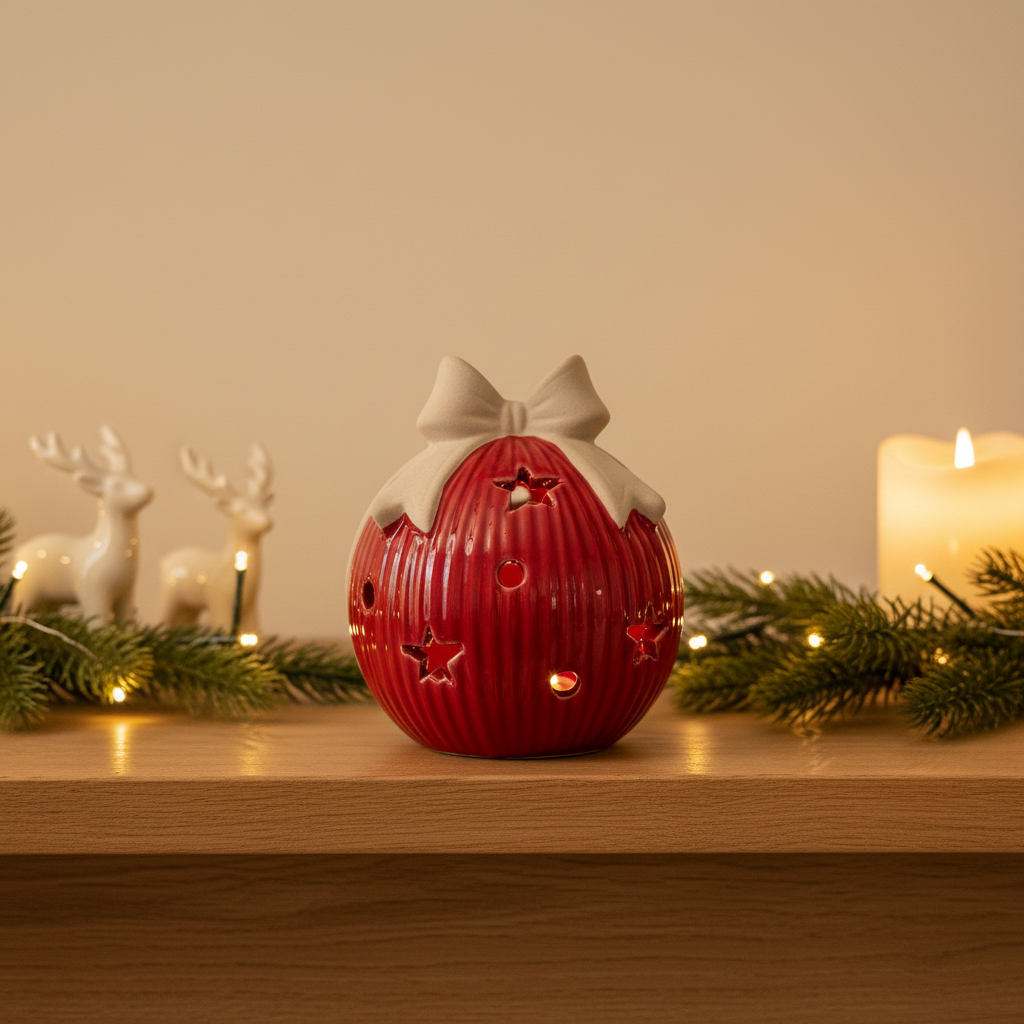 Red Ceramic Led Bauble With Bow 10cm in ribbed red ceramic with beige bow star cutouts and warm LED glow