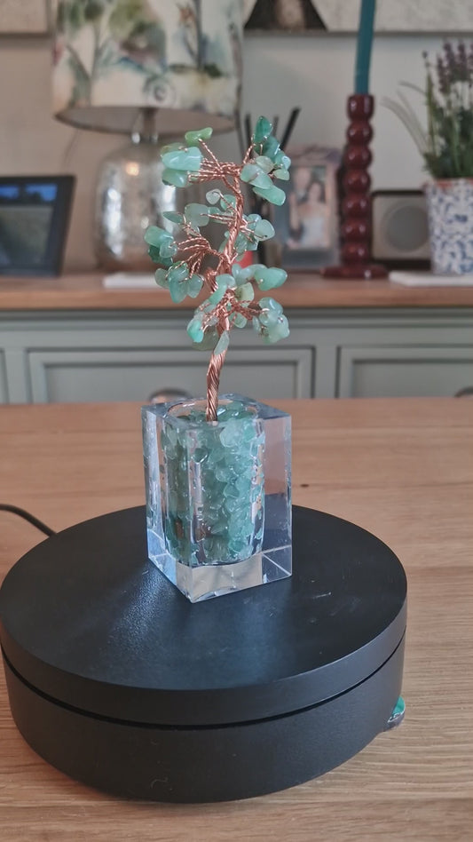 Crystal Mini Tree with Clear Vase H18cm: Green Aventurine
