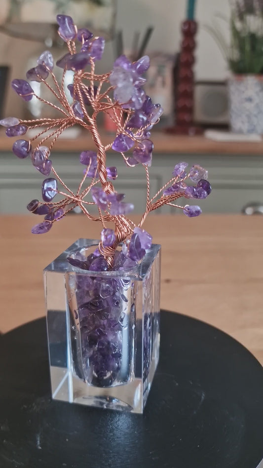 Crystal Mini Tree with Clear Vase H18cm: Amethyst