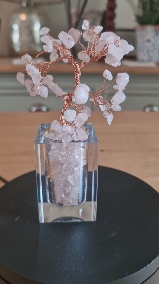Crystal Mini Tree with Clear Vase H18cm: Rose Quartz