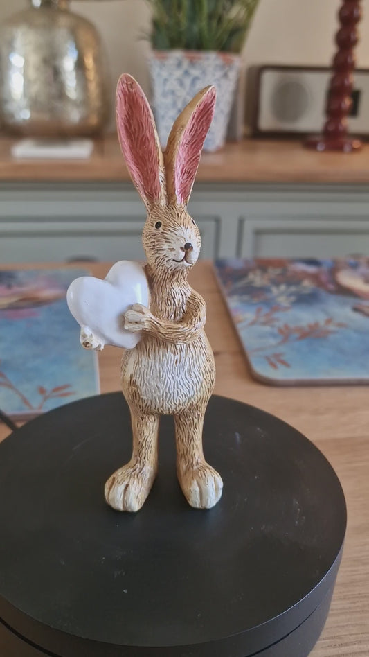 Natural Standing Rabbit Ornament Holding White Heart H14cm