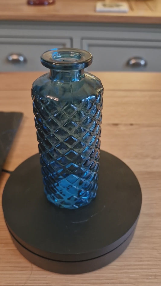 Tall Blue Glass, Patterned Flower Vase Or Diffuser Bottle, 13.5cm