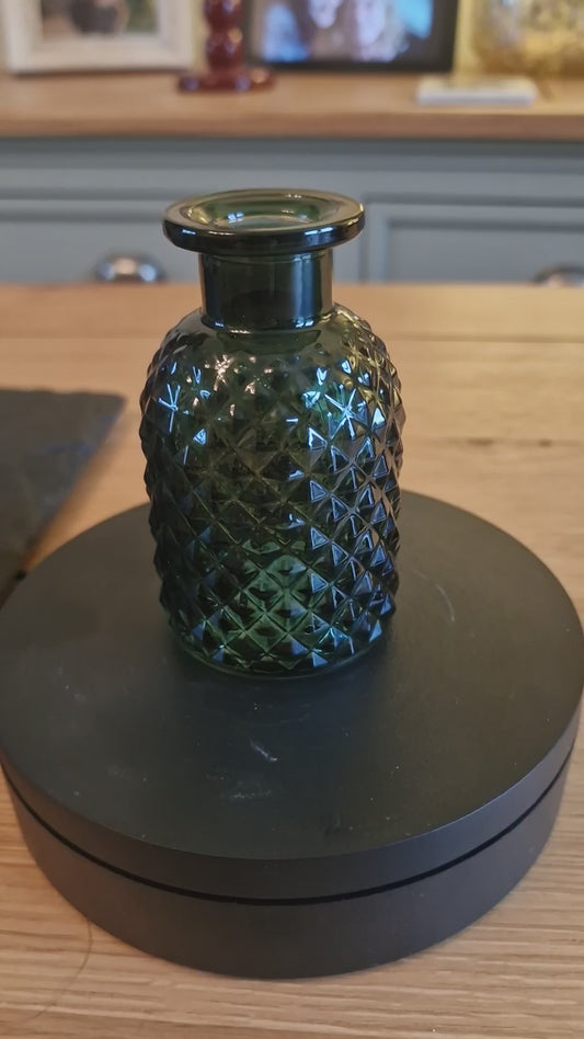 Green Glass, Patterned Flower Vase Or Diffuser Bottle, 9.2cm