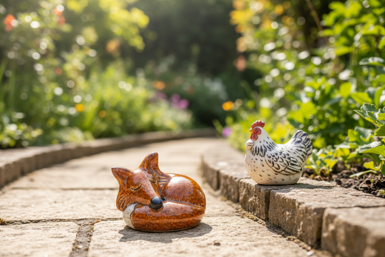 Sleeping Fox on Garden Path with Ceramic Chicken
