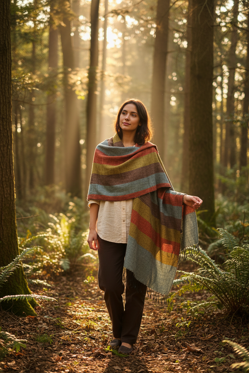 Stripie Nepali Shawl - Harvest on model in woodland setting