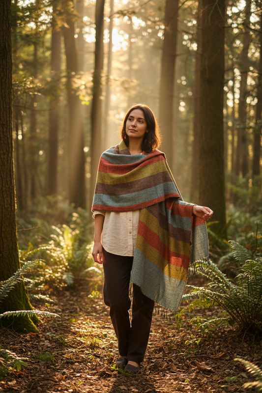 Stripie Nepali Shawl - Harvest on model in woodland setting