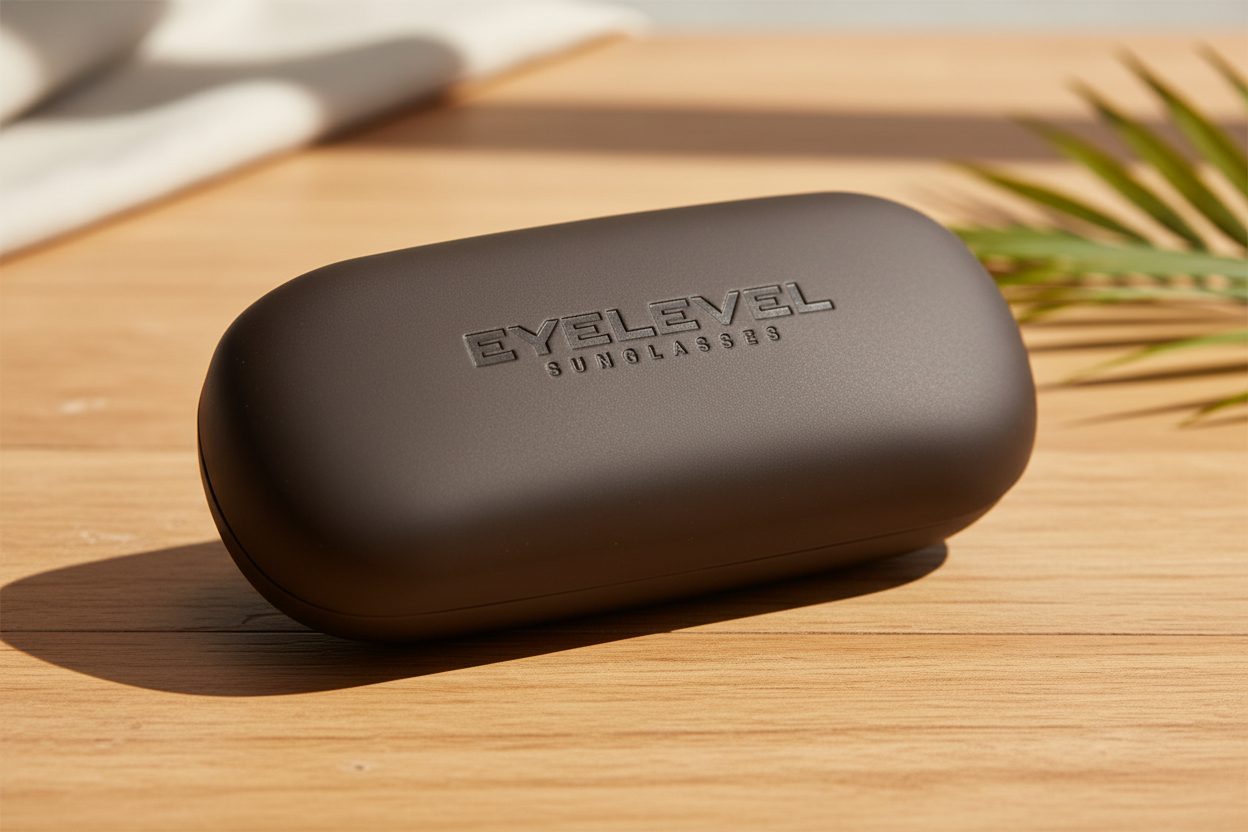 Hard Embossed Sunglasses Case in dark brown with a rounded hard shell and embossed lettering displayed on a wooden surface for stylish Fashion accessories