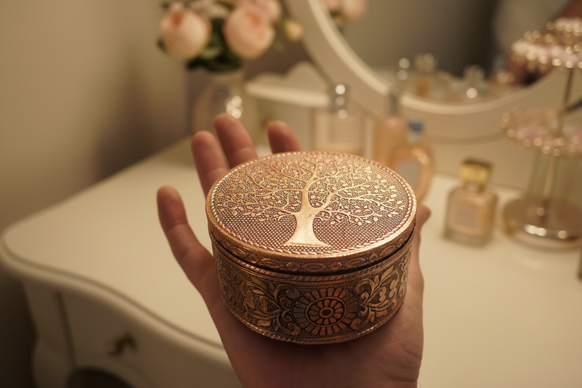Tree of Life Copper Embossed Trinket & Jewellery Box, 10cm round copper-finish box with ornate floral detailing