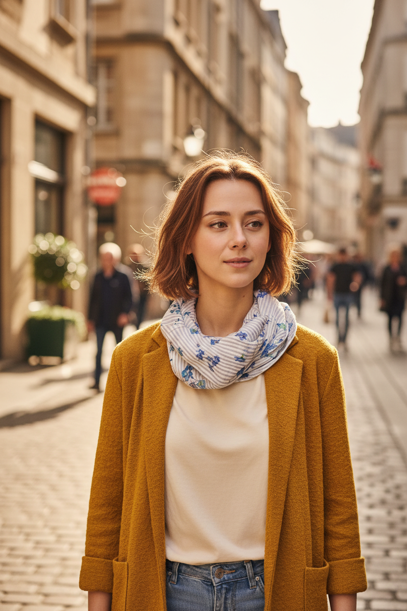 White Forget-Me-Not Snood - Young Model Mustard